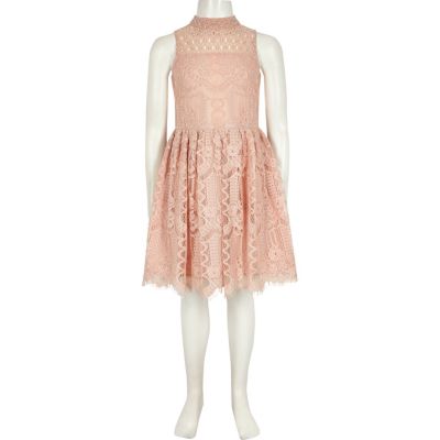 Girls pink diamante lace prom dress